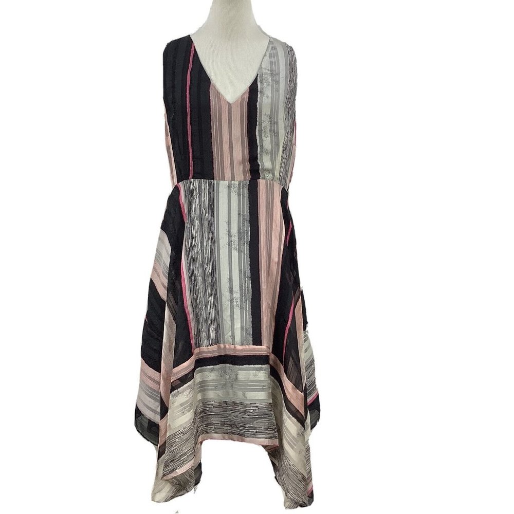IVANKA TRUMP Women's Size 12 Dress Handkerchief Hem Sleeveless Striped Pink Blk